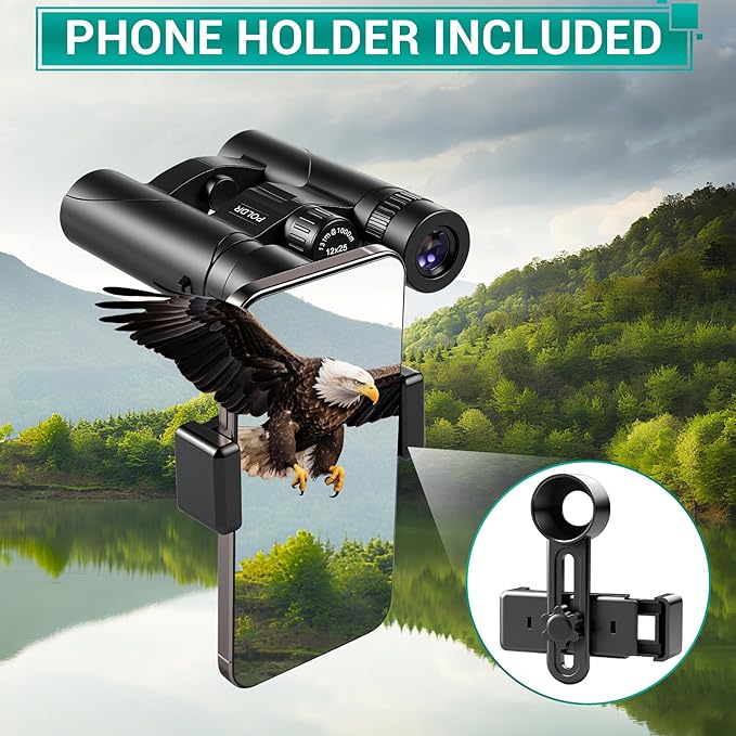 POLDR 12x25 Compact Binoculars for Adults and Kids, High Powered Waterproof Binocular with Phone Adapter, Small Easy Focus HD Binoculars for Bird Watching, Concerts, Hiking, Travel, Cruise