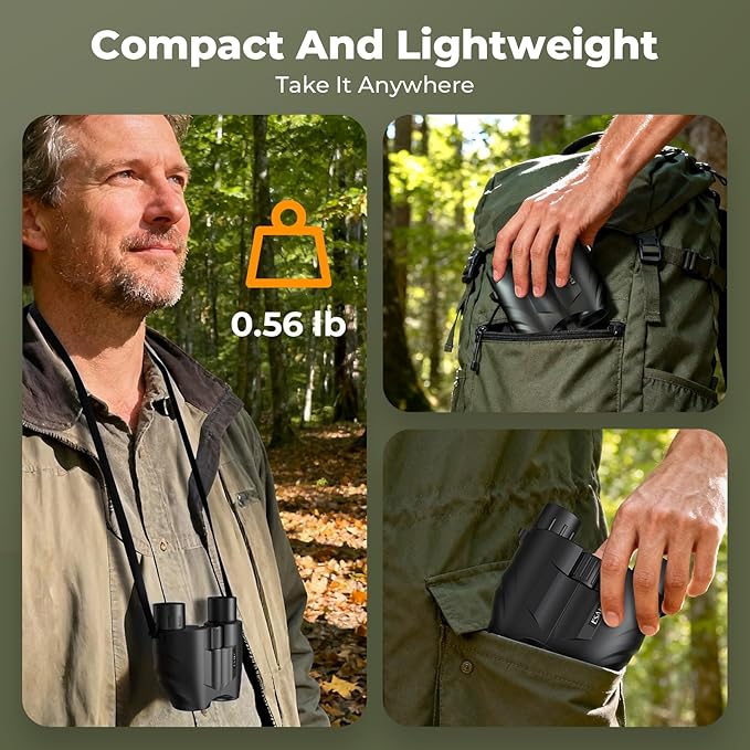 ESAKO 12x30 High Powered Binoculars for Adults & Kids, Compact Waterproof Binocular with Low Light Vision & Large Eyepiece, Easy Focus Small Binoculars for Bird Watching, Hunting, Travel, Sightseeing