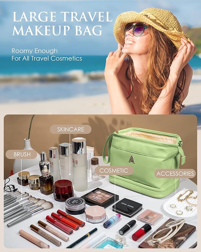 Gifts for Teen Girls 16-18, Initial Large Makeup Bag, Bride To Be Gifts, Double Layer Cosmetic Bag, Waterproof PU Travel Toiletry Bag for Bachelorette Party Women Wedding Bridal, Bride Gifts