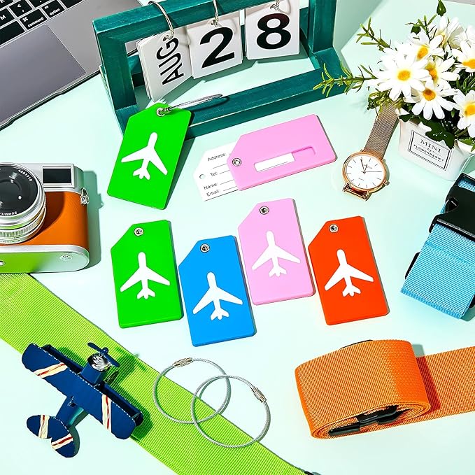 Weewooday 8 Pcs Luggage Straps Suitcase Tags Set for TSA Approved, 4 Travel Adjustable Suitcase Belt, 4 Silicone Luggage Tags with Name ID Card Travel Accessories(Blue, Pink, Green, Orange,Airplane)