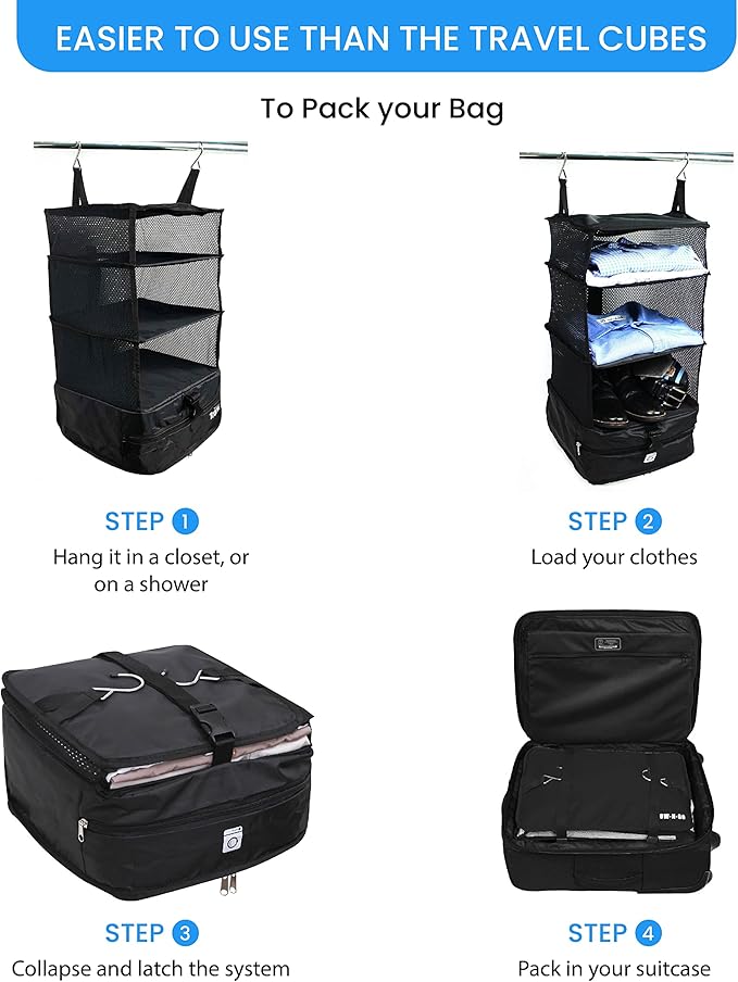 Grand Fusion Stow-N-Go Travel Luggage Organizer – Portable Hanging Travel Shelves, Carry-On Closet Organizer, Hanging Packing Cubes, Collapsible Carry-On Organizer for Cruises & Hotels. Black - L