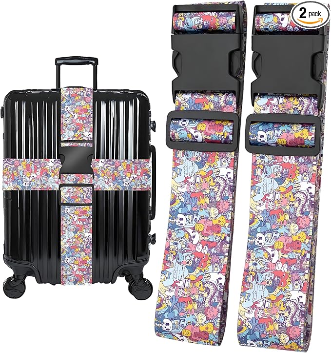 Monsters Luggage Straps for Suitcases, Adjustable Luggage Travel Belt to Keep Luggage Security While Travel, Strong Polyester Fabric, Easy-to-Recognize Funny Pattern Travel Essentials, 2 Pack