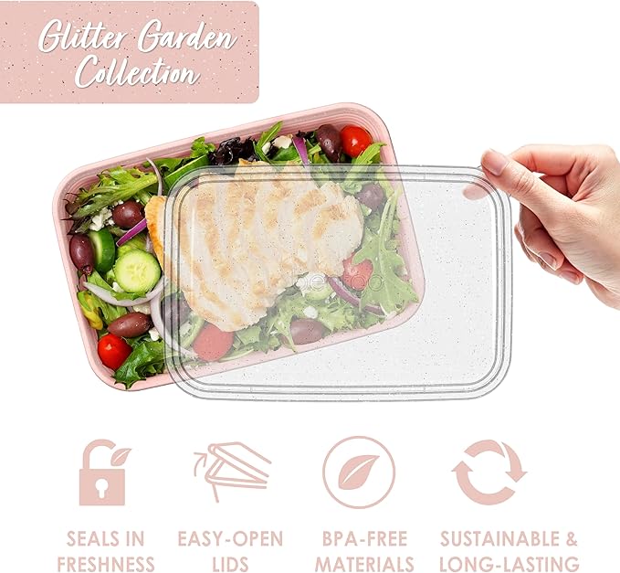 Bentgo 20-Piece Glitter Lightweight, Durable, Reusable BPA-Free 1-Compartment Containers - Microwave, Freezer, Dishwasher Safe (Glitter Garden Edition - Peony Glitter)