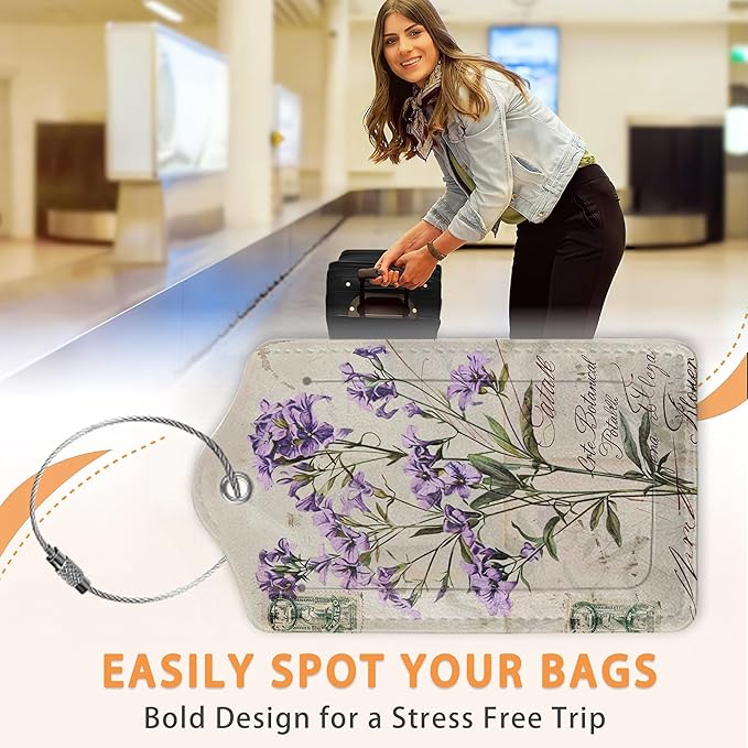 Vintage Purple Lavender 3 PCS Luggage Tags, Leather Suitcase Tags with Privacy Cover Name Address Labels and Durable Steel Loop for Men/Women Travel Bag Suitcases