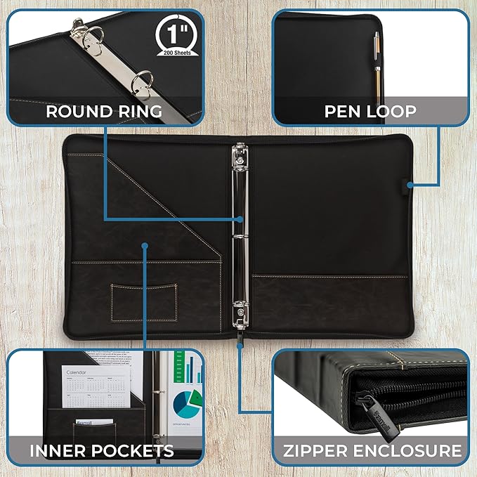 Samsill Vintage Leather Mini 3 Ring Zipper Binder, 1 Inch Round Ring Capacity (Holds 200 Sheets), 5.5 x 8.5 Inch Documents, Notebook Organizer, Planner, Black with Contrast Stitching