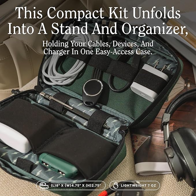 Halfday Sidekick Tech Organizer Kit | Flip-Out Kickstand for Phone/Tablet, Zip-Flat Pouch with Power Mesh & Elastic for Cable & Charger (Splash-Resistant Travel Electronics Accessories Case), Shadow
