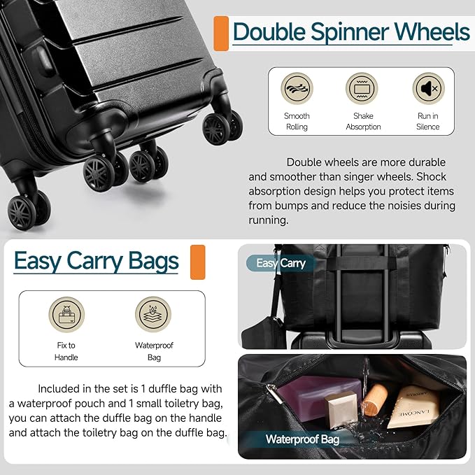 Hoteel Luggage Sets 5 Piece, ABS+PC Hard Shell Expandable Suitcases with Wheels, TSA Aproved Lock and Carry on Bags, Travel Suit Case Set for Men and Women, (5-Piece, Black)