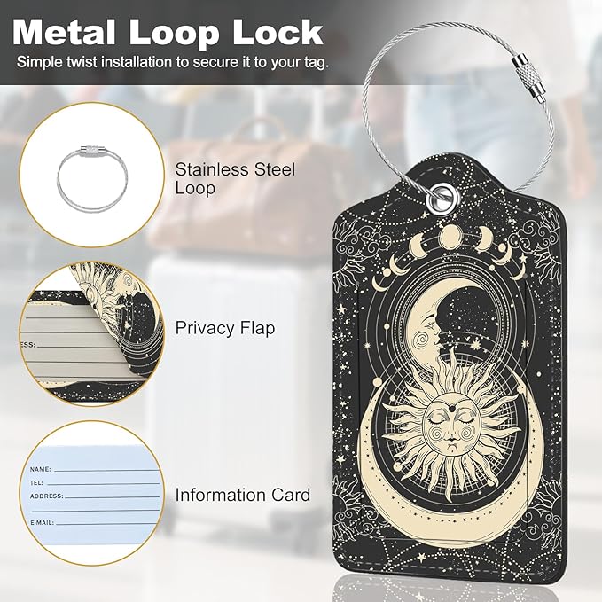 2Pack Luggage Tags for Suitcases, Cute Unique Pu Leather Cruise Luggage Tag with Privacy Cover ID Label Address Card and Metal Ring Suitable for Women Men Kids Travel Bag Sun and Moon Face