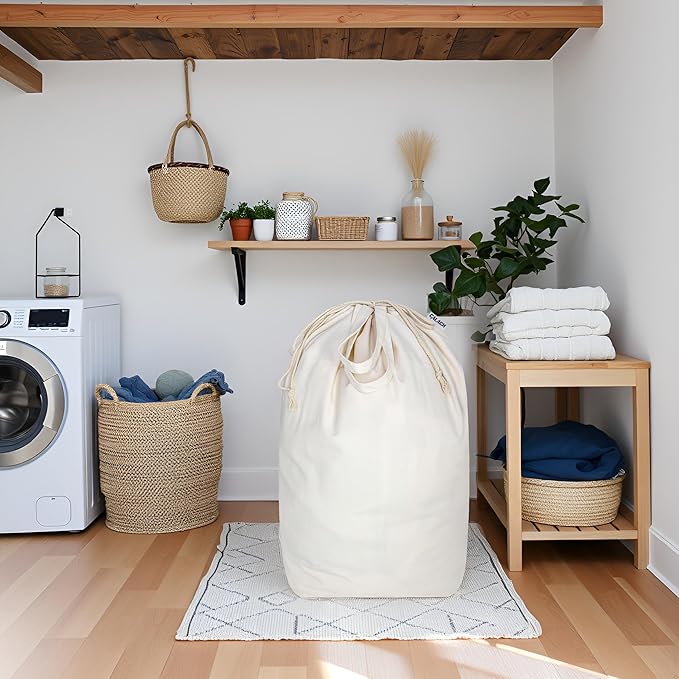 Canvas Laundry Bags with Handles & Square Base 13.8"x 13.8", Large Heavy Duty Laundry Basket Hamper Liner, College Dorm Washable Drawstring Cotton Dirty Clothes Bag (Natural,1 Pack)