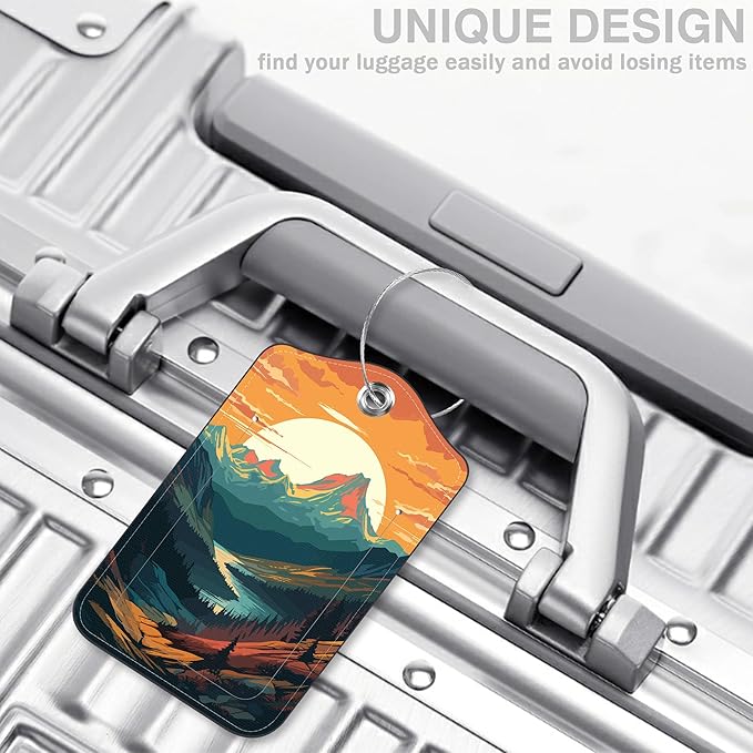 2 Pack Luggage Tags for Suitcases Sunset in The Mountains Leather Luggage Tags Privacy Cover ID Label with Stainless Steel Loop and Address Card for Women Men Travel Bag Backpack