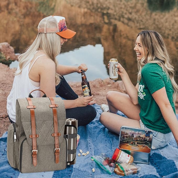 Picnic Backpack for 2 Person with Large Insulated Cooler Bag, Picnic Basket Set with Wine Pouch, Waterproof Picnic Blanket & Cutlery Set. Perfect for Beach, Camping,Wedding Gift for Couple.Beige