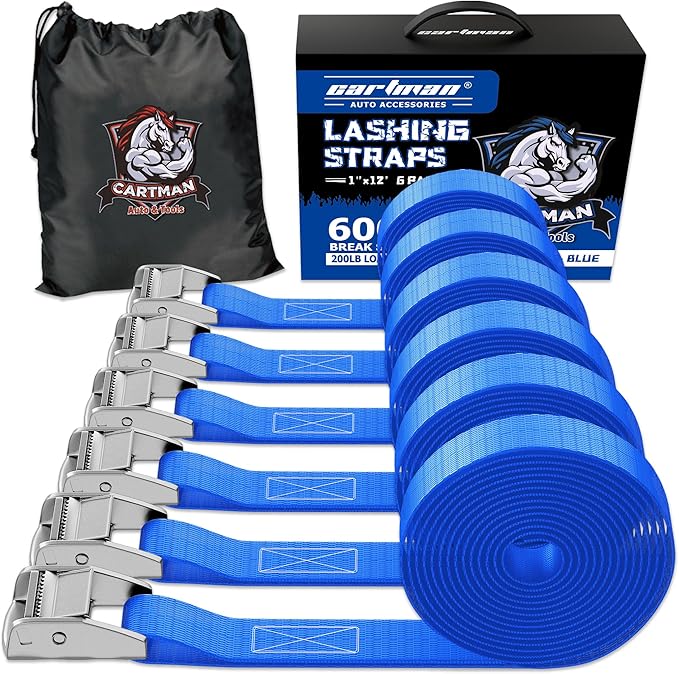 Cartman 1" x 12' Lashing Straps Cargo Tie-Down Strap Up to 600lbs, 6pk in Carry Bag, Blue