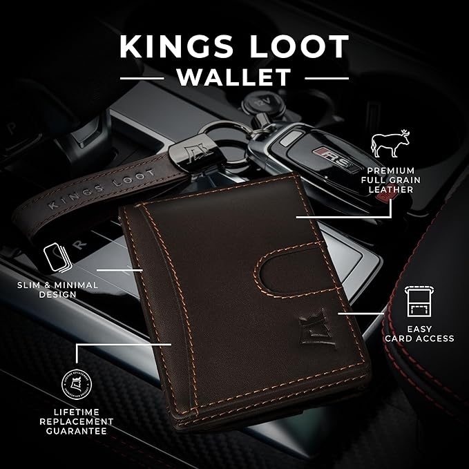 Kings Loot Money Clip Slim Minimalist Wallet for Men | RFID Blocking Leather Design with Money Clip | Front Pocket Bifold Holds 12 Cards | Stylish & Compact Wallets (Truffle)