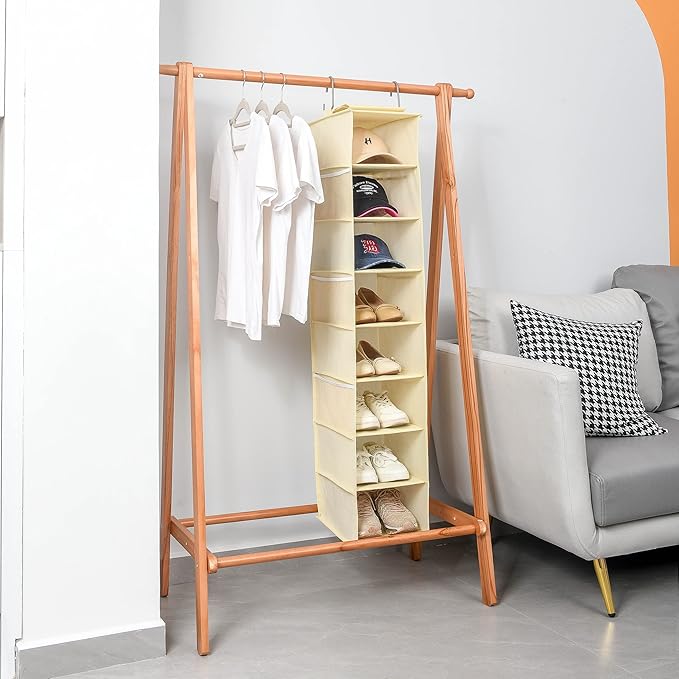 Hanging Shoe Organizer for Closet with Side Mesh Pockets，Hat Racks for Baseball Caps，Shoe and Hat Holder & Storage，8-Shelf，Beige，1 Pack