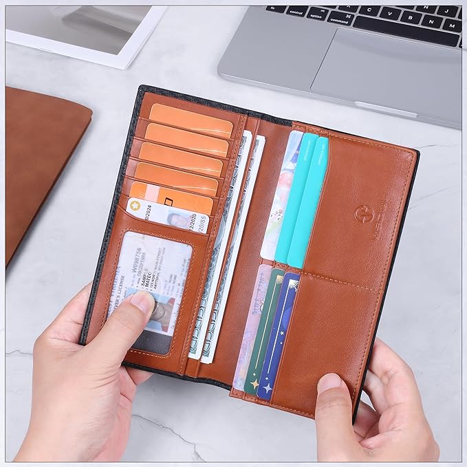 VISOUL Mens Billfold Long Checkbook Wallet Leather with RFID Blocking, Large Bifold Secretary Cash Wallet Tall with 12 Card Slots for Men (Black+Orange)
