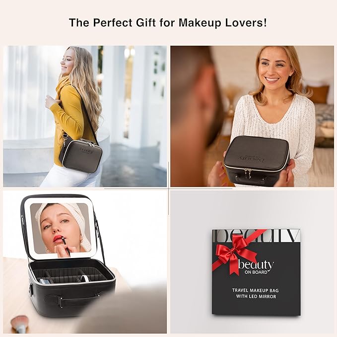 Makeup Bag with LED Mirror, PU Leather Makeup Case - 3 Adjustable Brightness Levels, Lighted Cosmetic Case with Mirror, Dividers - Make Up Portable Storage Travel Organizer with Handle