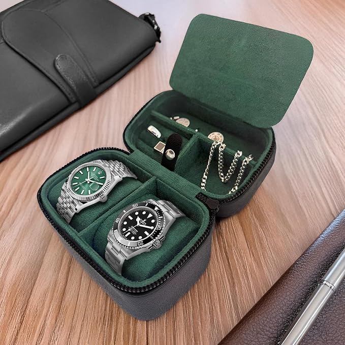 Galis Luxury Watch Case for Men High End Portable 2-Slot Watch Holder and Watch Case for Travel, Premium Watch Box for Men, Jewelry Storage Organizer, Gift for Him, Fathers, Husband (Black & Green)
