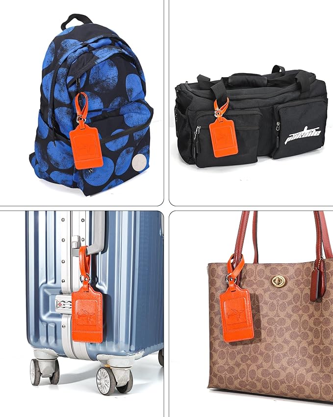Teskyer Luggage Tags, 3 Pack Premium PU Leather Luggage Tags for Suitcases, Privacy Protection Travel Bag Tags, Orange