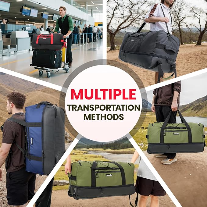 Fanwoli 30'' Rolling Duffel Bag with 2 Wheels - No-Sag Design for Heavy Loads, Expandable 100L-120L Luggage with Soft Handle & Lock, Waterproof Foldable Lightweight with for Travel, Camping,Moving