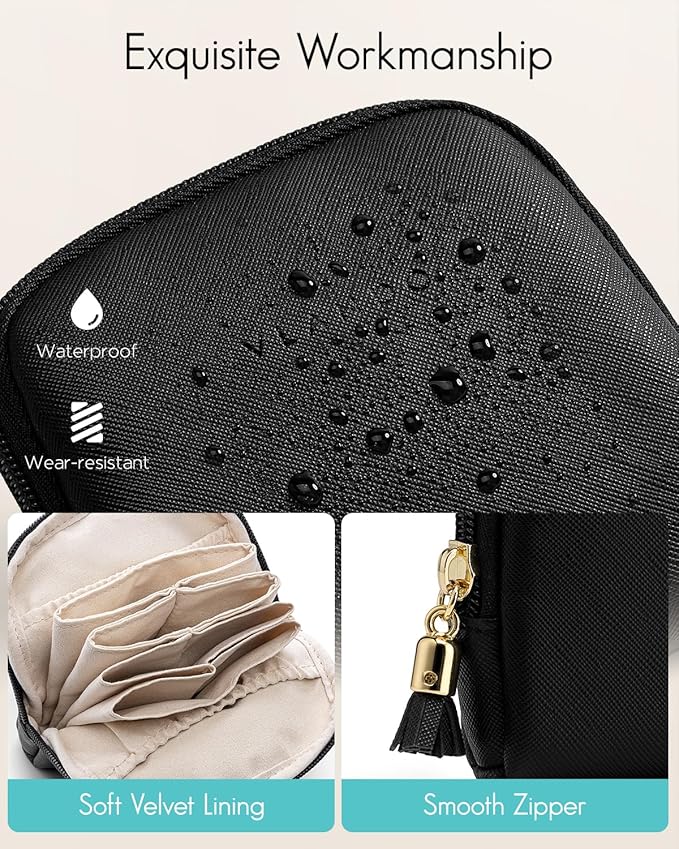 Vlando Small Jewelry Travel Case,Jewelry Pouch Bags with Zipper,Velvet Jewelry Organizer Storage Bag for Bracelet Rings Earring Travel Essentials Gifts for Women Girl-Black