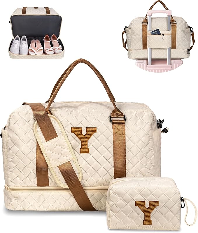Customizable Gifts for Girls Age 6-8 8-10 10-12, Duffle Travel Bag, Personalized Weekender Bag,Overnight Bag for Women, Letter Travel Bag with Makeup Bag Gift for Friend Sister (Letter Y)