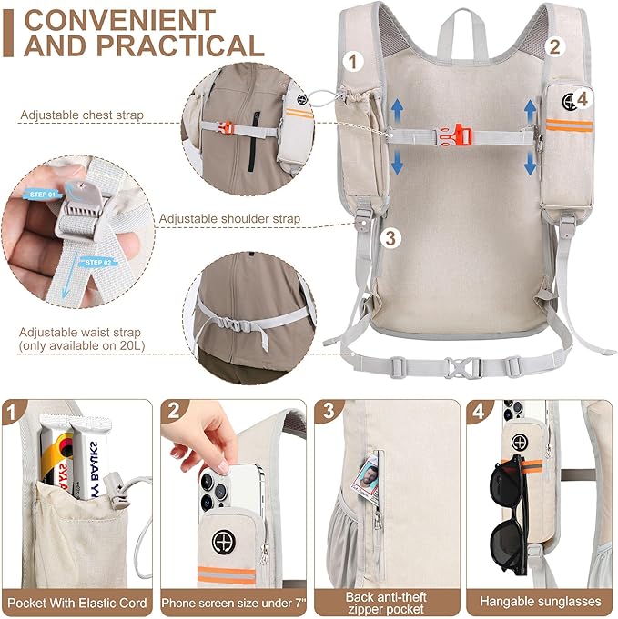 20L Small Hiking Backpack for Men Women Foldable Packable Back Pack Ultralight Hiking Daypack for Travel Camping Outdoor, Beige