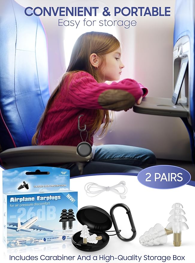 Ear Plugs for Airplane Pressure Relief, 2 Pairs Kids 6+, Adults/Small Canal Reusable Airplane Earplugs 26dB, with Silicone Connector Cord, Travel Essentials for Flying, Ear Protection Earplugs