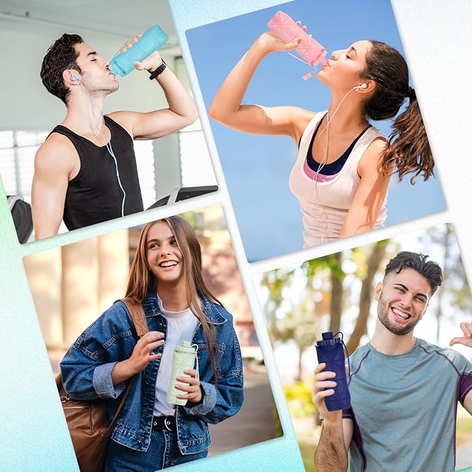 YCT Collapsible Silicone Travel Water Bottle 20oz (600ml), Reuseable Leakproof BPA Free Foldable Sports Bottle, with Carrying Strap, Dark Gray + Purple
