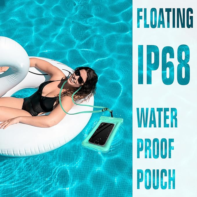 NEPHI IP68 Waterproof Phone Pouch 2 Pack-Up to 8.0"，Adjustable Neck Lanyard Floating Waterproof Phone Case for iPhone,Phone Dry Bags for Vacation Beach Pool Travel Essentials (Aqua Green white 4 pack)