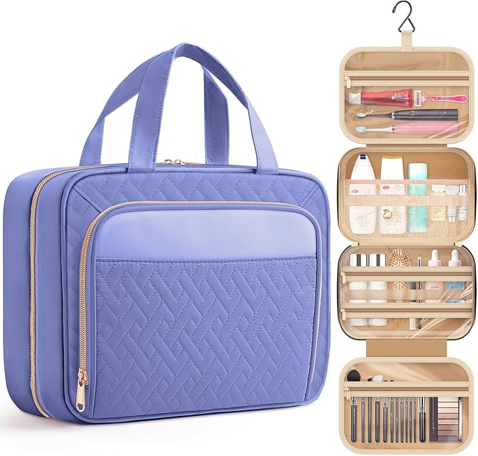HOTOR Travel Toiletry Bag for Women & Men, Waterproof Makeup Bag with Hanging Hook and Multiple Pockets, Cosmetic Bags for Women, Travel Essentials, 12.6'' x 4.3'' x 9.9'', Aegean-Blue