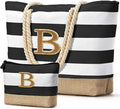 Becokan Beach Bag Initial Beach Tote with Makeup Bag for Travel Work Storage Personalized Birthday Gifts for Women Her