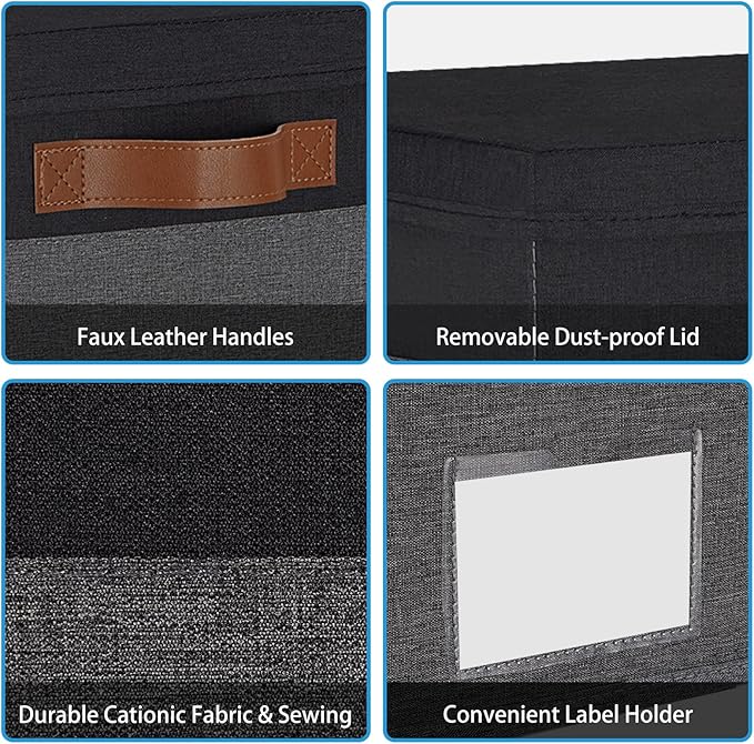 GhvyenntteS Fabric Storage Bins with Lids 3 Pack, Closet Storage Boxes with Lid and 3 Handles, Foldable Storage Baskets with Lids and Label Window for Home Office (Grey&Black, 15" x 11" x 9.7")