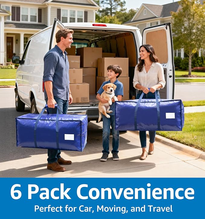 6 Pack Heavy Duty Moving Bags with Padded Wrap Around Handles-Strengthened Zipper Extra Large Storage Totes for Dorm College Clothes