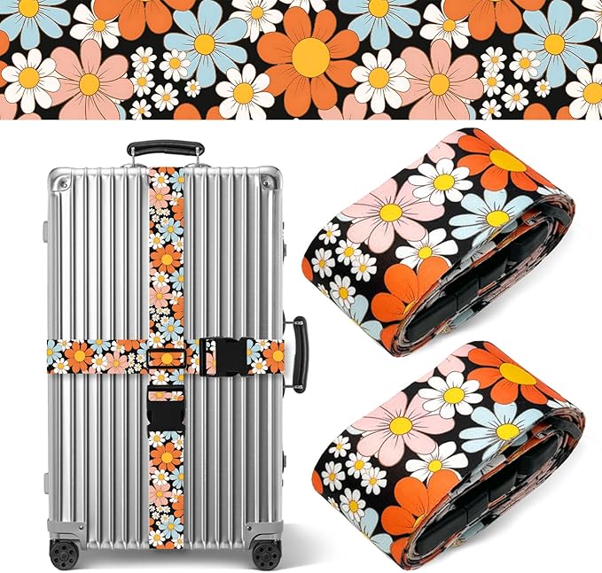 Orange Daisy Luggage Straps for Suitcases TSA Approved, Luggage Identifiers for Suitcase, Adjustable Suitcase Strap for Baggage Security with Cute Patten, Travel Necessary Accessories (2 Pack)