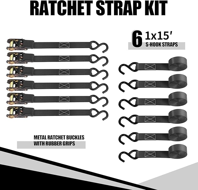 Cartman 1" x 15' Ratchet Tie Down up to 1500lbs 6pk in Carry Bag, Cargo Straps