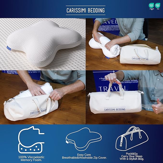 Dreamers Memory Foam Pillow with Bag – Cervical Neck Pillow for Side and Back Sleepers – Contoured Ergonomic Design for Shoulder and Neck Support