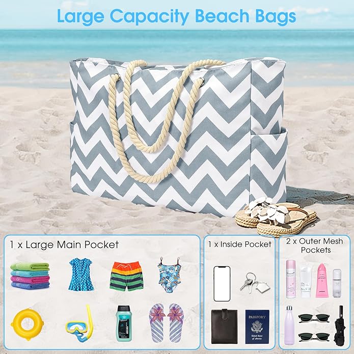 Becokan Beach Bags for Women Large Waterproof Beach Tote Bag Zipper Beach Bags Waterproof Sandproof Swim Pool Bag Large Tote