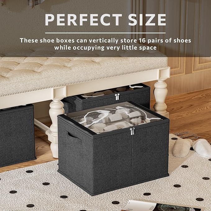 Shoe Organizer for Closet, 2 Pack Sturdy Shoe Storage Bins with Clear Cover, Fits 16-32 Pairs, Foldable Shoe Storage Box with Reinforced Handles (Black, 19.7 * 15.7 * 12.6in)