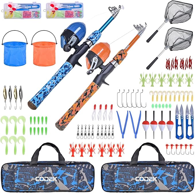 CODEK Kids Fishing Pole Set with Full Starter Kits 2 Set Portable Telescopic Fishing Rod and Reel Cambos for Boys Girls Toddler Youth Age Beginner Little Children Junior Anglers