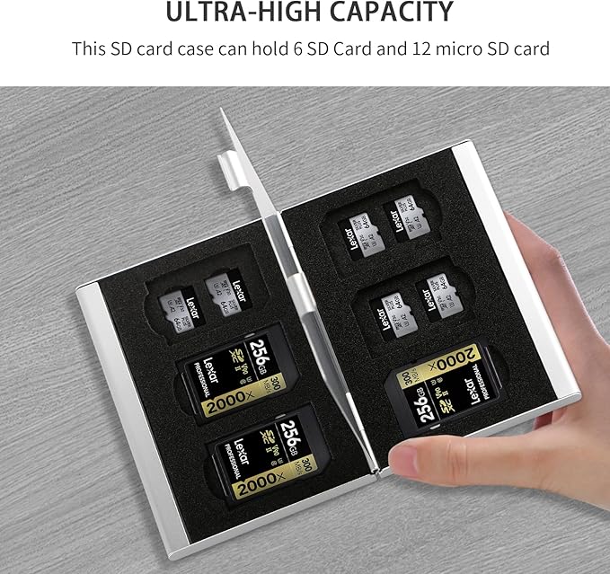 Aluminum SD Card Case, 18Slots Ultrathin SD Card Holder, Memory Card Storage Holder, Fit for 6 SD Card, 12 Micro SD Card, Silver