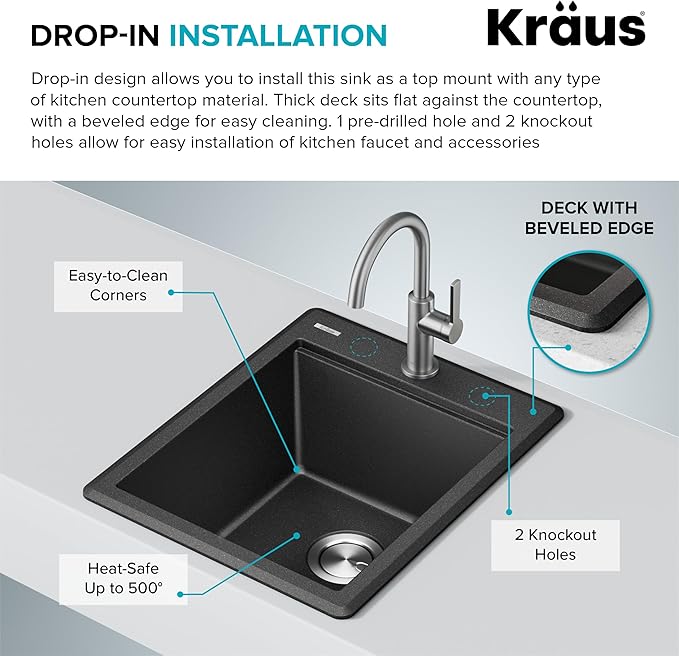 KRAUS Bellucci 18-inch Granite Workstation Drop In Top Mount Single Bowl Kitchen Sink in Metallic Black with Accessories, KGTW12-18MBL
