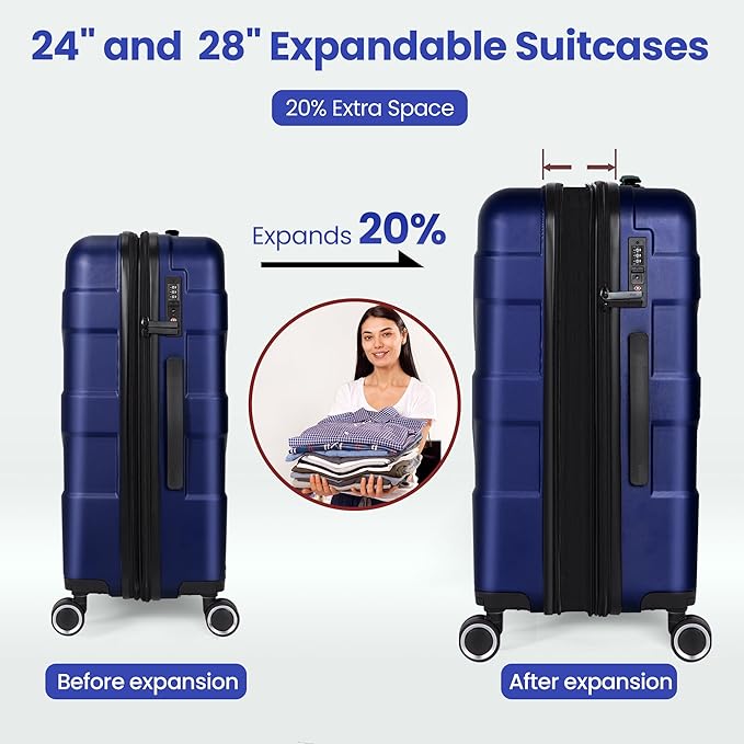 Luggage Sets 3 Piece with Spinner Wheel, Hardside Suitcase Set with TSA Lock, Expandable Lightweight Travel Luggage for Men and Women, Blue