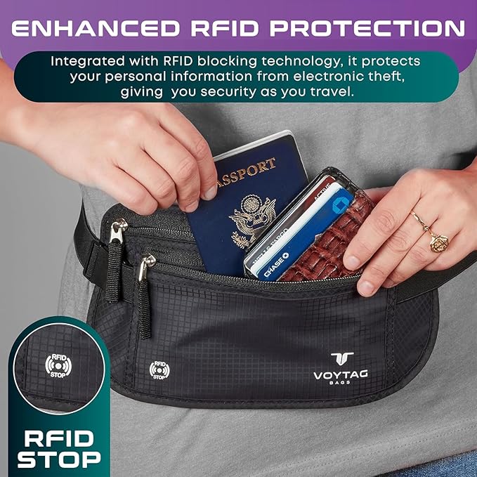 Travel Money Belt & Passport Holder - RFID Blocking Slim Travel Wallet & Fanny Pack for Men and Women - Essential Travel Pouch for Cash, Credit Cards, and Documents