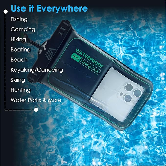 【2025 Upgraded】 2 Pack Black - IP68 Waterproof Phone Pouch Floating Design No Sink Waterproof Phone Case - Beach Pool Travel Essentials - Works w/All Phones - Detachable Lanyard - Black/Hi-Vis Green