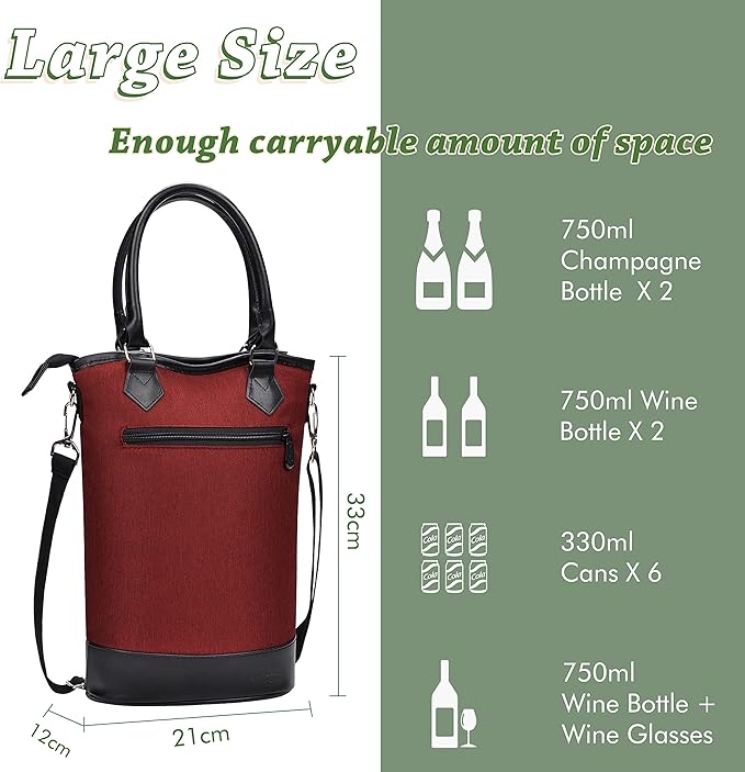Tirrinia Insulated Wine Gift carrier Tote - Travel Padded 2 Bottle Wine/Champagne Cooler Bag with Handle and Adjustable Shoulder Strap, Great Wine Lover Gift, Red