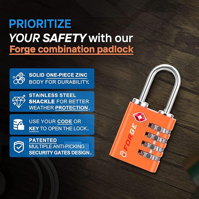 Forge Dual-Opening: Key or Combination Access Lock, TSA Approved Locks for Luggage, Pelican case, Travel, Gym, School, Stainless Steel Shackle.(Orange, 2 Pk)