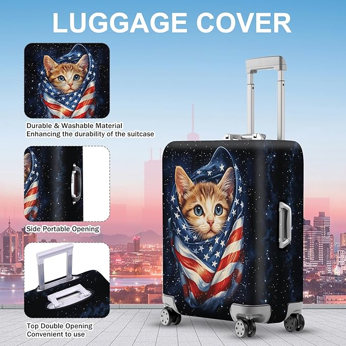 ANNA QUEEN Cute Patriotic Cat Luggage Cover, American Flag Suitcase Protector, Stretchable, Washable Travel Cover for 28-30 Inch Luggage