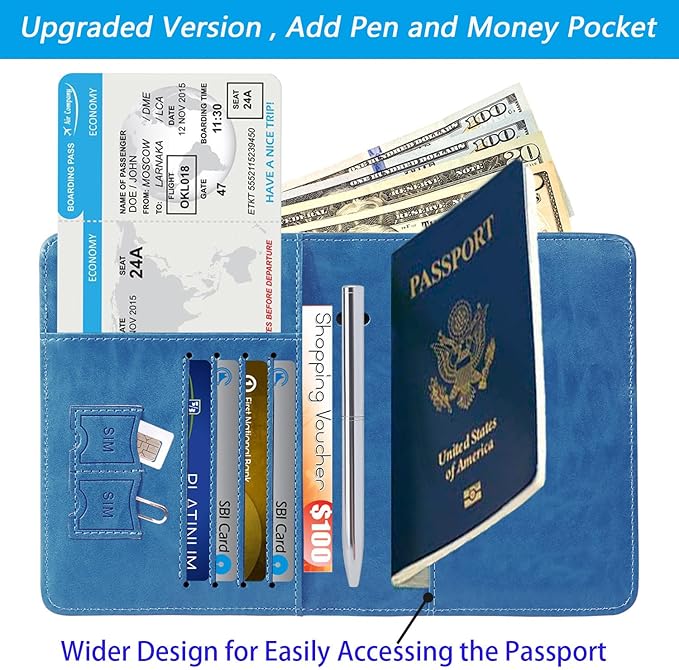 Passport Holder With Luggage Tag Travel Essentials Passport Cover Wallet RFID Blocking Leather Case International Must Haves Travel Accessories Women Men(115#Blue)