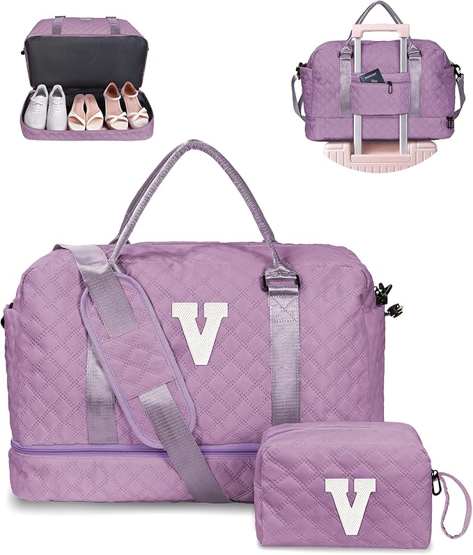 Birthday Gifts for Women-Duffle Bag with Shoe Compartment, Personalized Weekender Bag, Monogram Overnight Bag, Letter Travel Bag with Makeup Bag，Preppy Gifts For Girl (Letter V)