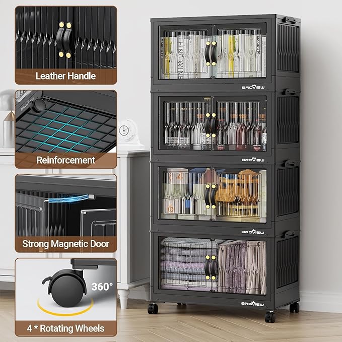 BROVIEW 180Qt Stackable Storage Bins with Lid, Extra Large Closet Organizer Collapsible Drawer Boxes with Wheels, Folding Plastic Cabinet Containers for Home Kitchen Room Organization, 3Pack Black